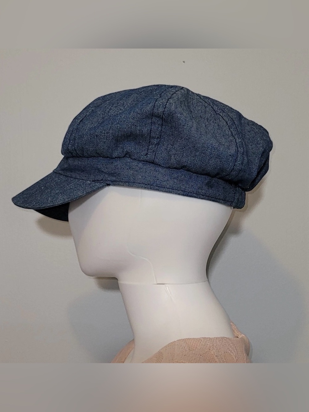 Women's Denim Newsboy Cap Distressed Flower Blue Cotton Elastic Back Hat Y2K - Picture 4 of 11